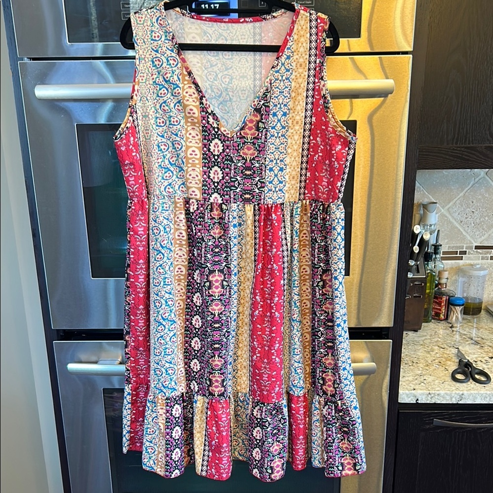 Pink and Red‎ Ruffled Tiered Midi Sundress